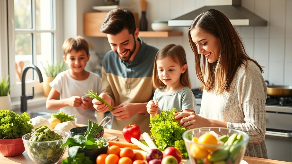 Family preparing fresh vegetables at kitchen counter with whole foods, bright natural light, healthy meal preparation scene, smiling engaged expressions