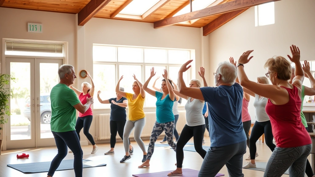 Diverse wellness class in bright community center with participants of different ages exercising together, instructor demonstrating movements, natural light streaming through large windows, motivational atmosphere, healthy active lifestyle