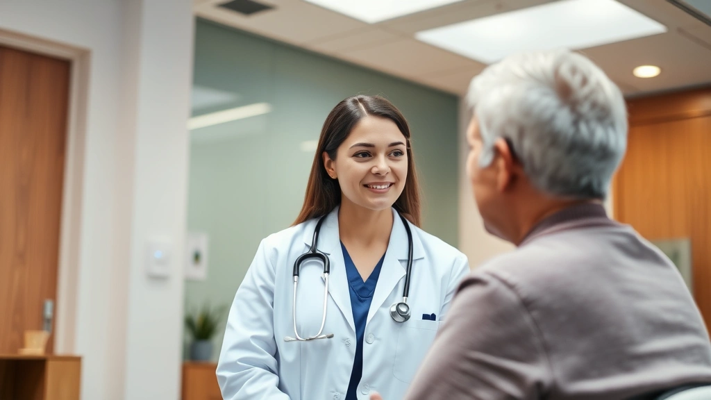 Healthcare provider speaking with patient in modern clinic room, warm lighting, professional yet comfortable atmosphere, showing attentive listening and patient engagement
