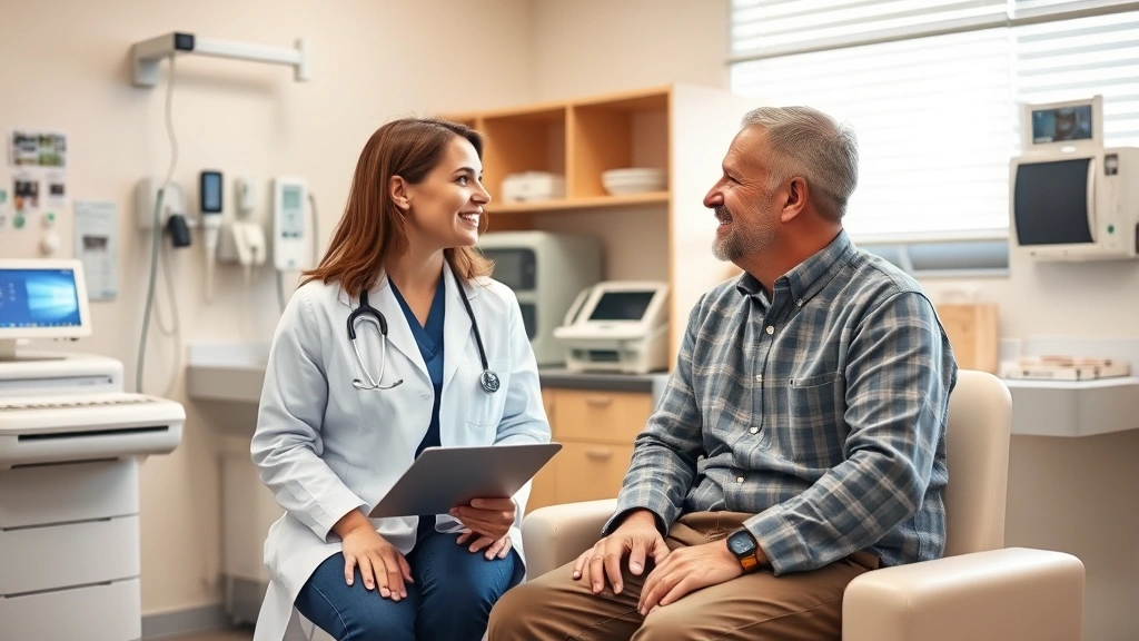 Friendly female physician in white coat consulting with male patient in comfortable clinical exam room, modern medical equipment visible, genuine caring interaction, warm professional lighting, diverse healthcare setting, photorealistic