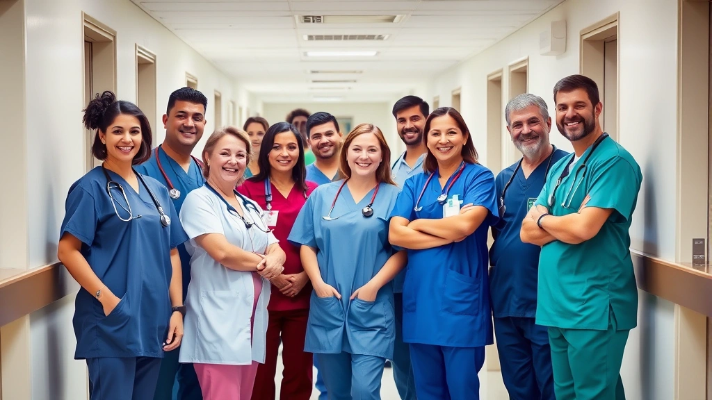 Diverse group of healthcare professionals in scrubs standing together in hospital corridor, smiling, collaborative environment, modern medical facility setting