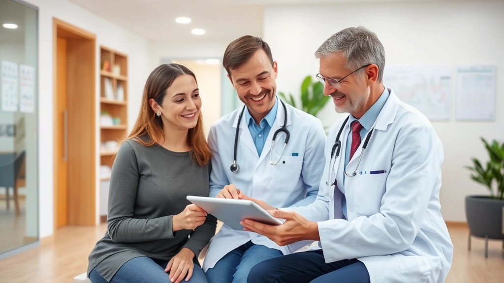 Professional healthcare provider consultation in modern clinic office, patient and doctor reviewing health results together on tablet, warm professional setting with medical charts, collaborative discussion, trust and expertise evident
