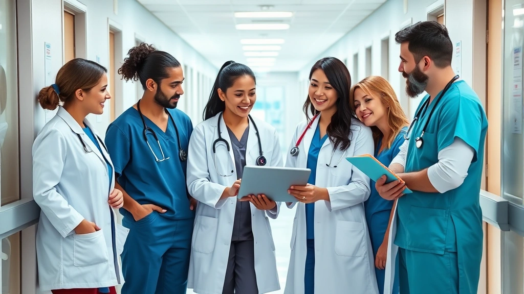 Diverse group of healthcare workers in scrubs and white coats collaborating around digital tablet in hospital hallway, teamwork and communication, modern medical facility, natural lighting