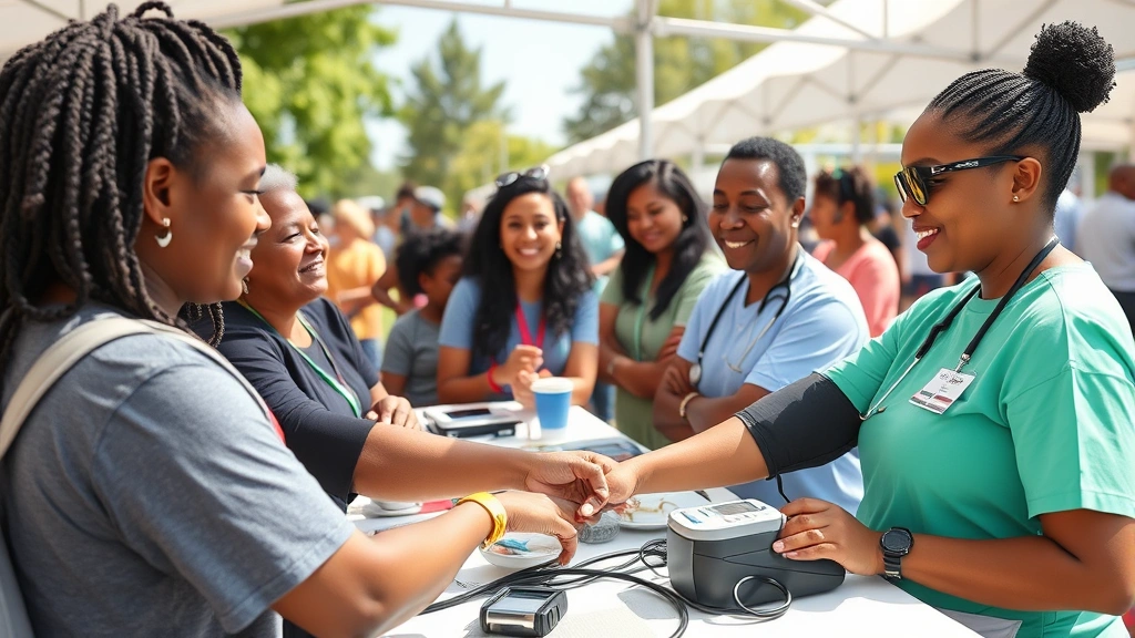 Community health screening event with diverse people checking blood pressure, healthcare volunteers assisting, outdoor wellness fair setup, sunny day, people smiling and engaged, modern medical screening equipment, photorealistic lifestyle