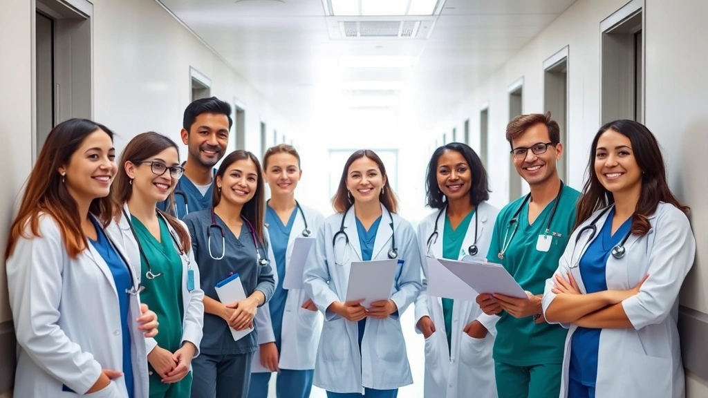 Professional healthcare team collaborating in modern hospital corridor, diverse medical professionals smiling, wearing scrubs and white coats, bright natural lighting, clinical yet welcoming atmosphere