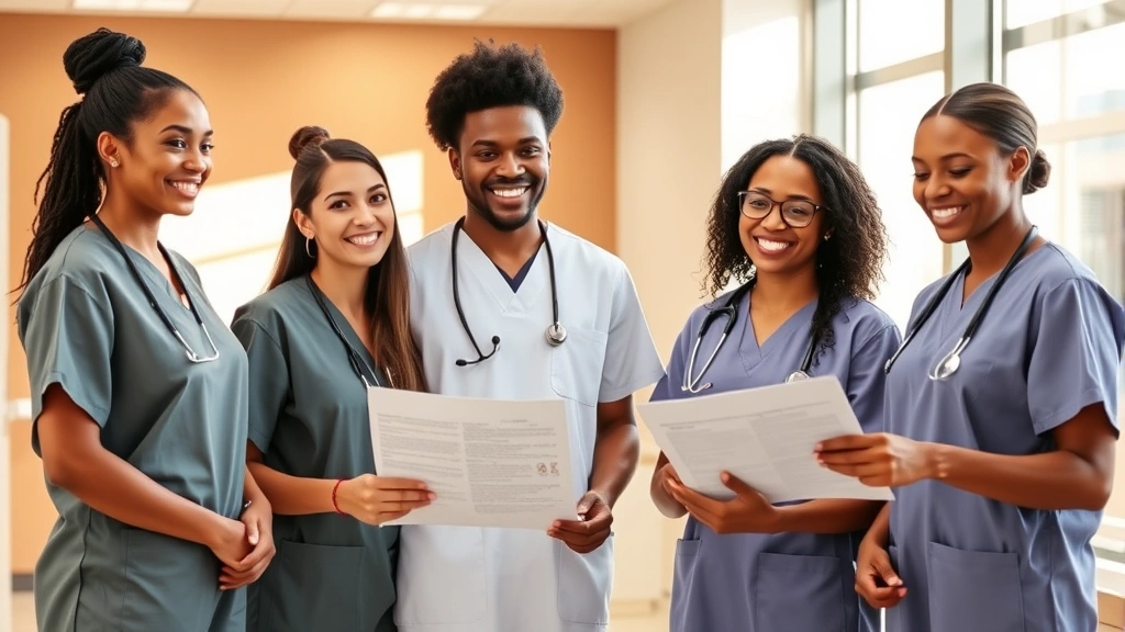 Diverse healthcare team in modern clinic wearing scrubs, smiling confidently while reviewing patient charts together, warm natural lighting, professional medical environment, inclusive workplace atmosphere