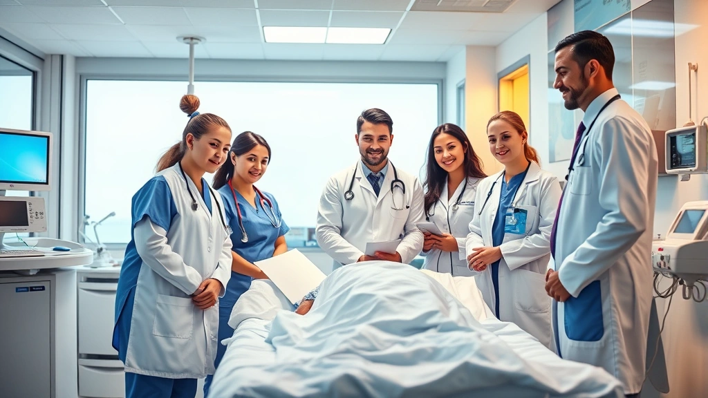 Professional healthcare workers in modern hospital setting, diverse team of nurses and doctors collaborating around patient bed, bright clinical environment with medical technology, warm lighting emphasizing teamwork and patient care