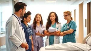 Professional healthcare team members in modern hospital setting wearing scrubs, diverse group collaborating during patient rounds with warm natural lighting, contemporary medical facility background