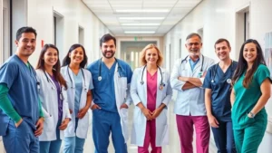 Professional healthcare team in modern hospital corridor wearing scrubs, smiling and collaborating, bright natural lighting, diverse group of doctors and nurses