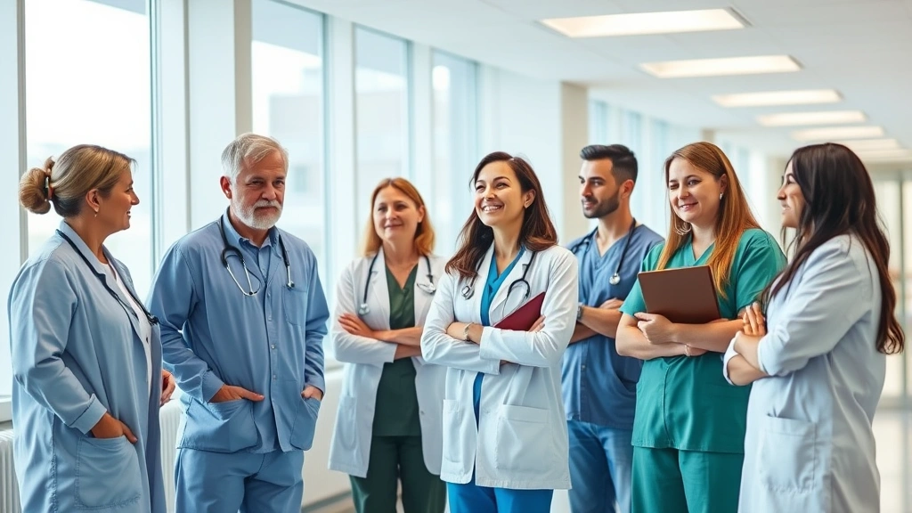 Professional healthcare team in modern hospital setting with diverse medical staff collaborating, natural lighting through large windows, contemporary medical environment, photorealistic lifestyle imagery
