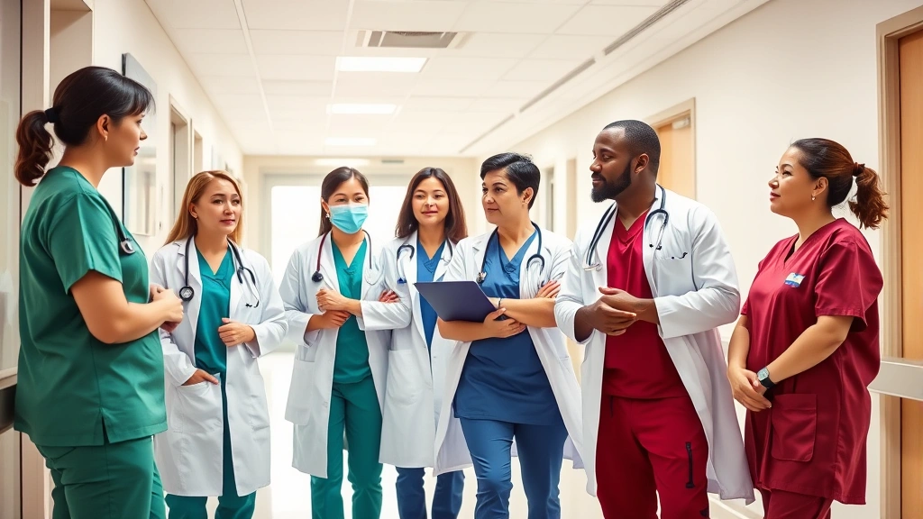 Professional healthcare team in modern hospital setting collaborating during patient rounds, diverse medical staff wearing scrubs and white coats in bright clinical environment