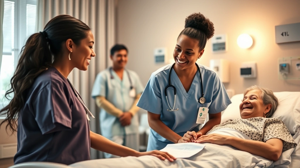 Young nurse mentoring student at patient bedside in comfortable hospital room, compassionate care moment, warm lighting, diverse healthcare professionals, patient smiling in background