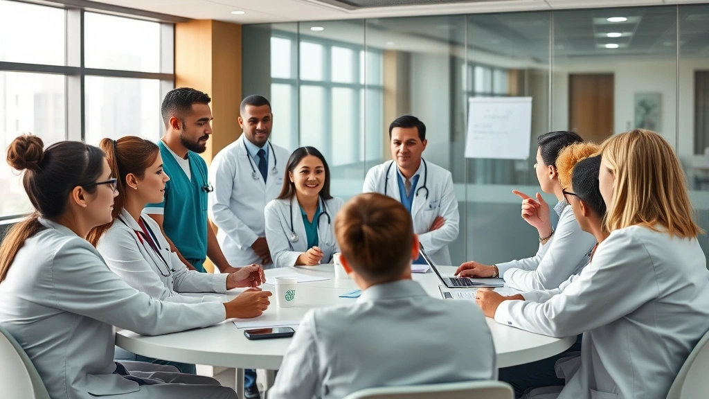 Healthcare professionals in collaborative meeting discussing patient care strategies around conference table, diverse team engaged in conversation, modern hospital setting, motivated expressions, teamwork focus