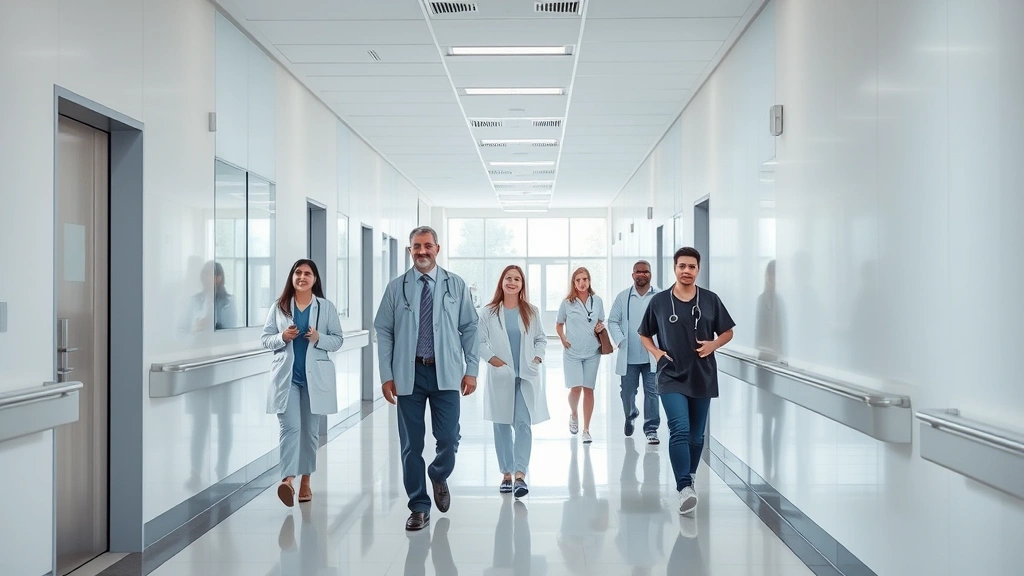 Modern hospital corridor with employees walking and collaborating, contemporary healthcare facility architecture, natural lighting through windows, professional atmosphere showing workplace culture and diversity