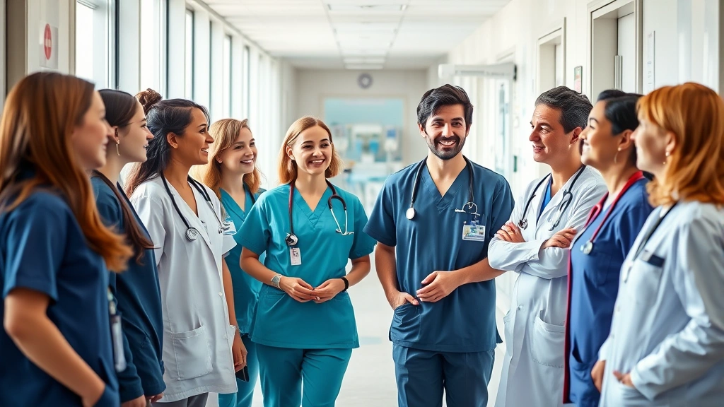 Diverse nurses and doctors in hospital corridor smiling and discussing patient care, natural sunlight through windows, collaborative healthcare environment with modern equipment visible