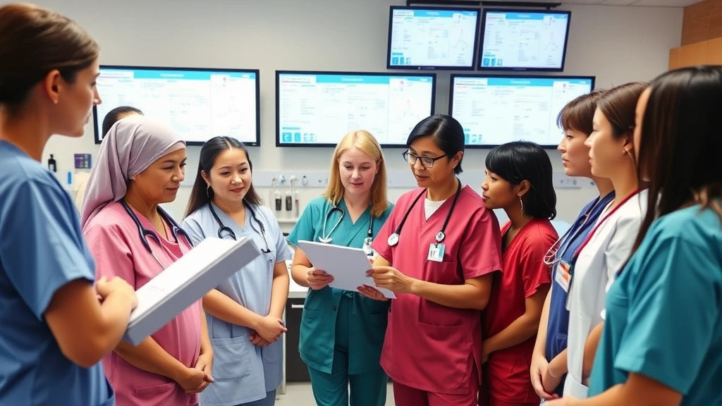 Diverse group of healthcare professionals wearing different colored scrubs reviewing patient information at hospital nursing station with electronic health records screens visible in background