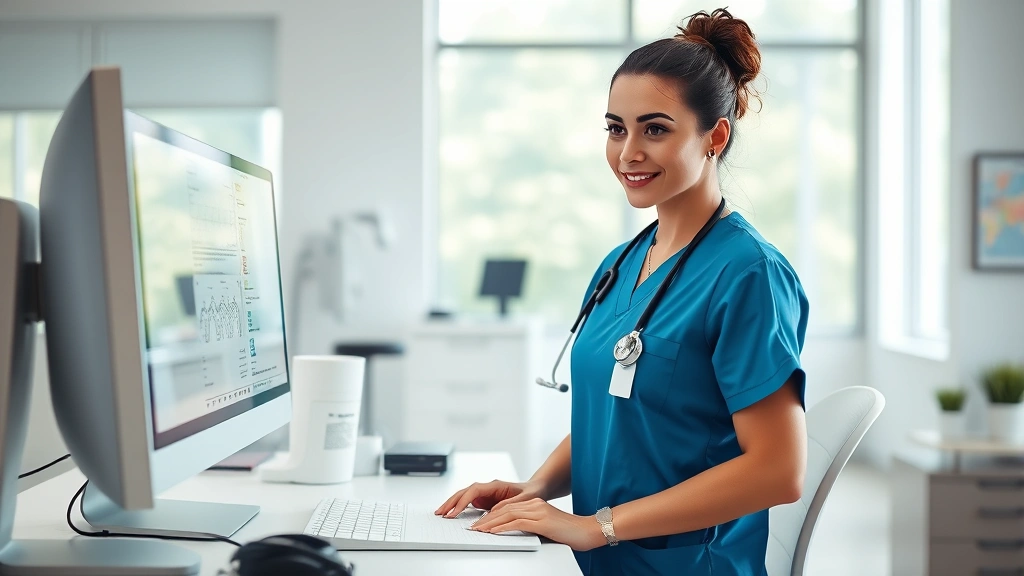 Confident nurse practitioner reviewing patient charts at computer workstation in contemporary medical office, natural lighting, modern healthcare technology visible