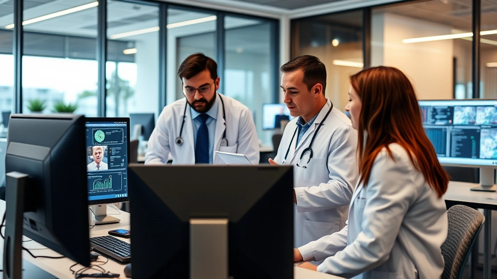 Healthcare professionals in modern office reviewing data on computer screens, diverse team discussing health informatics and patient records, collaborative workspace, contemporary healthcare setting
