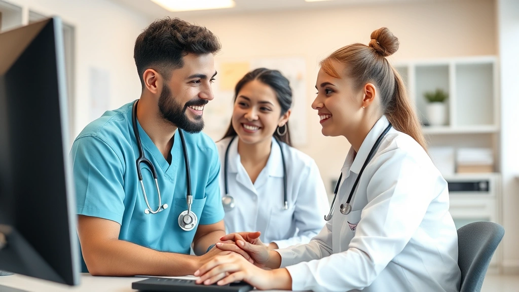 Young professional healthcare worker mentoring junior colleague at computer workstation in bright clinical office, supportive interaction, career development moment, modern medical technology visible