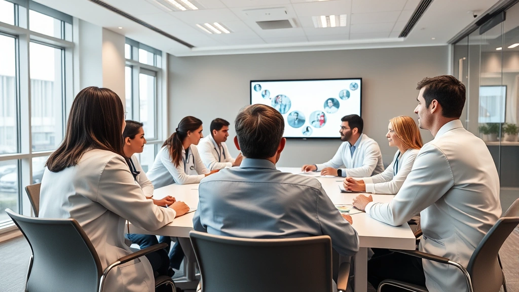 Healthcare professionals in conference room during team meeting, collaborative environment with presentation screens, diverse group engaged in discussion, modern office space representing administrative and leadership opportunities in healthcare