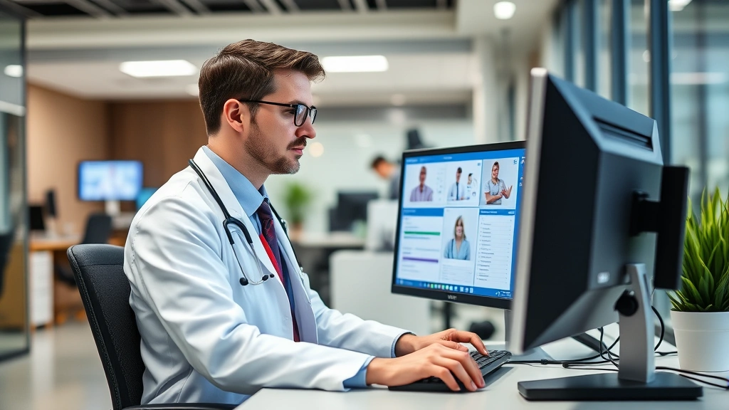 Healthcare professional at computer workstation reviewing patient records, modern office setting with healthcare technology, focused professional in contemporary medical facility workspace
