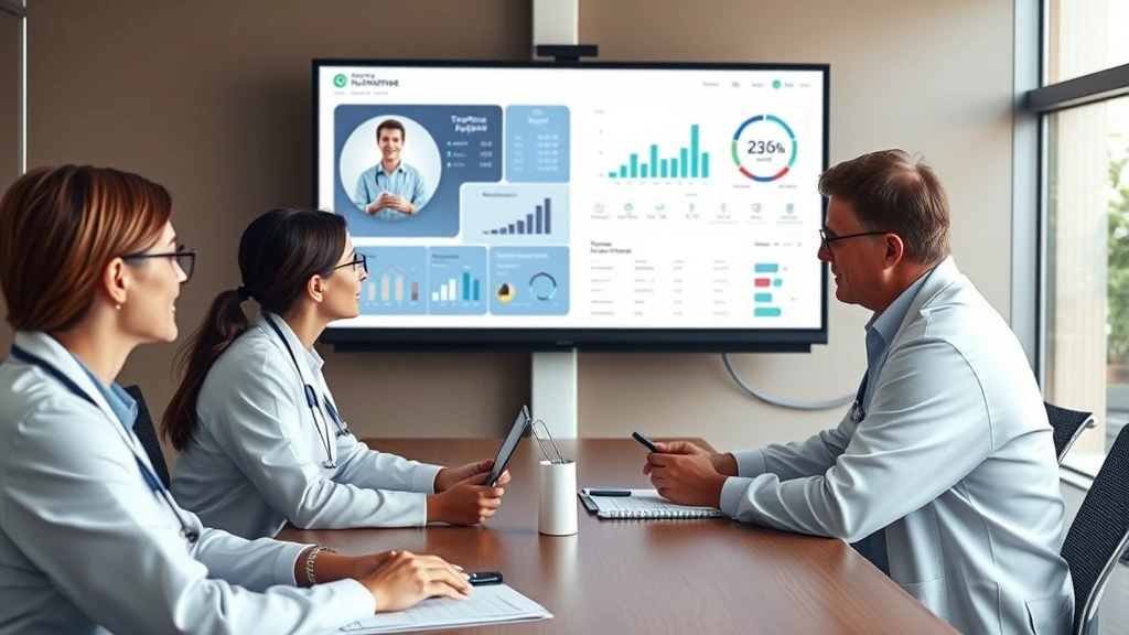Healthcare professionals in conference room reviewing patient data on large monitor, collaborative meeting atmosphere, modern office environment with natural light