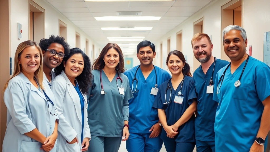 Smiling healthcare workers of various ethnicities in hospital corridor displaying genuine teamwork and camaraderie, modern clean hospital architecture, professional yet warm atmosphere, authentic workplace moment