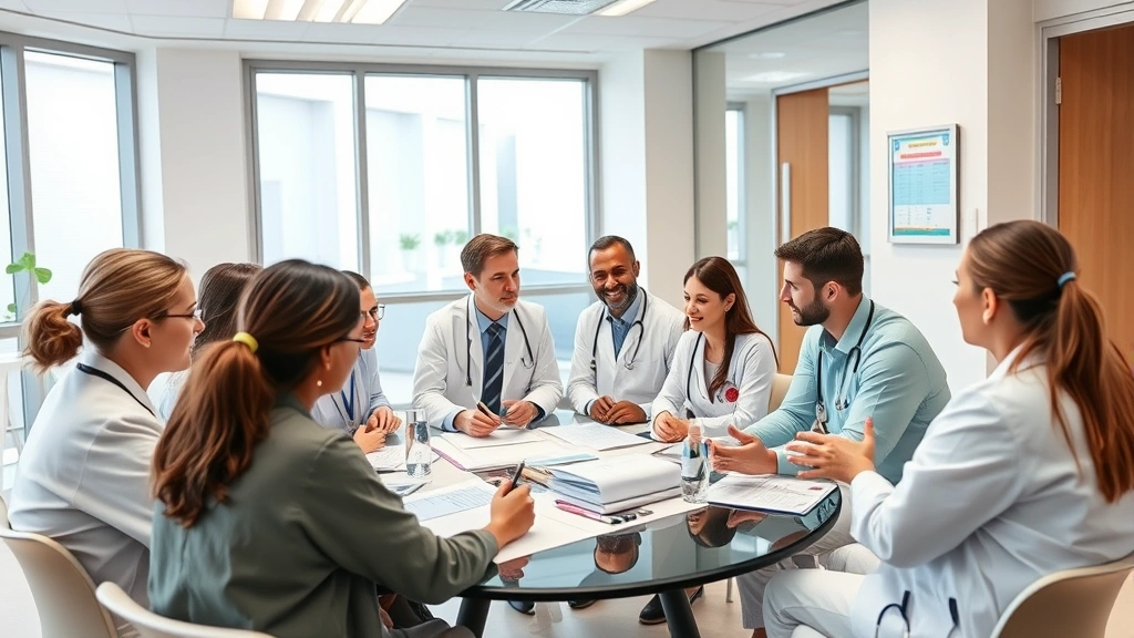 Healthcare professionals in team meeting discussing care plans, diverse group engaged in collaborative discussion in modern hospital conference room with medical charts