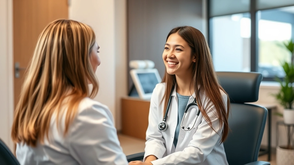 Young woman in modern medical office receiving friendly consultation with female healthcare provider, bright natural lighting, comfortable clinical setting, warm professional atmosphere, patient smiling confidently