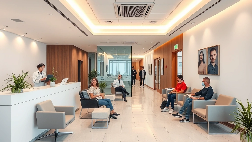 Modern healthcare clinic interior with welcoming reception area, comfortable seating, warm lighting, diverse patients in waiting room, professional medical environment, contemporary office design