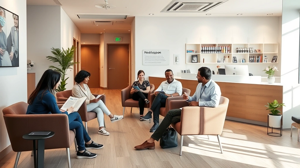 Modern healthcare clinic waiting room with welcoming design, comfortable seating, soft lighting, diverse patients reading health materials, professional reception desk in background, warm neutral tones, contemporary medical facility aesthetic