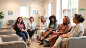 A diverse group of women of various ages sitting in a modern, welcoming healthcare clinic waiting room with natural light, comfortable seating, and health education materials on walls, conveying trust and accessibility