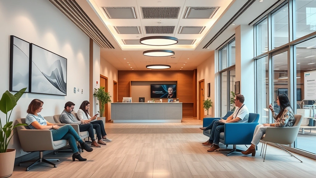 Modern medical clinic interior with welcoming reception area, comfortable seating, diverse patients waiting, warm lighting, professional healthcare environment, inclusive wellness space
