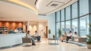 Modern healthcare facility interior with welcoming reception area, comfortable seating, soft lighting, diverse patients in waiting room, professional yet approachable medical environment, clean contemporary design