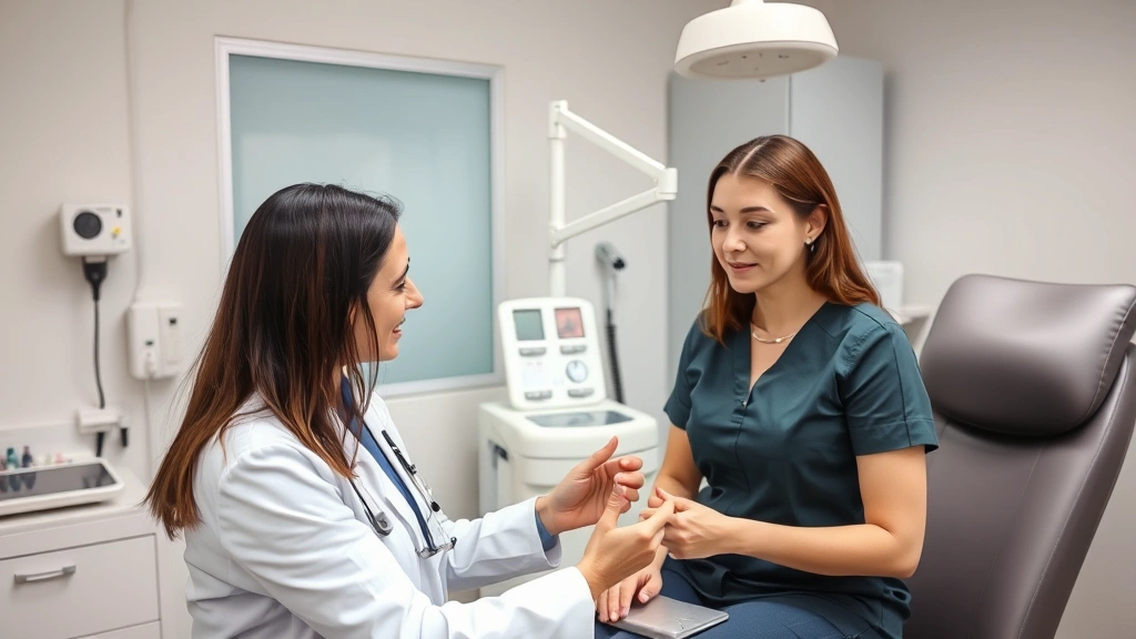 Female healthcare provider conducting gynecological examination in clinical setting, patient in examination room, professional medical equipment visible, compassionate clinical care environment, modern medical facility