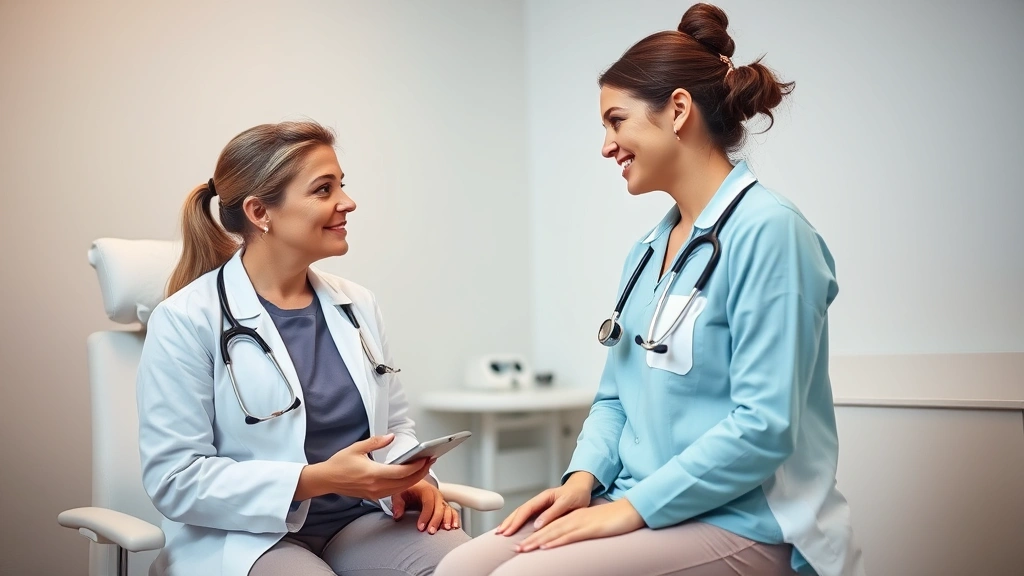 Female healthcare provider in white coat consulting with patient during gynecological examination, professional medical environment, stethoscope visible, patient in examination gown, confidential private room setting, compassionate interaction, clinical yet comfortable atmosphere