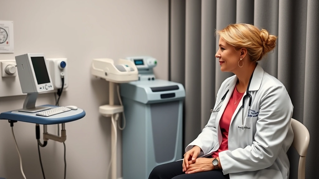 Female healthcare provider in white coat conducting patient consultation in private exam room, compassionate interaction, medical equipment visible, confidential clinical setting, professional care atmosphere