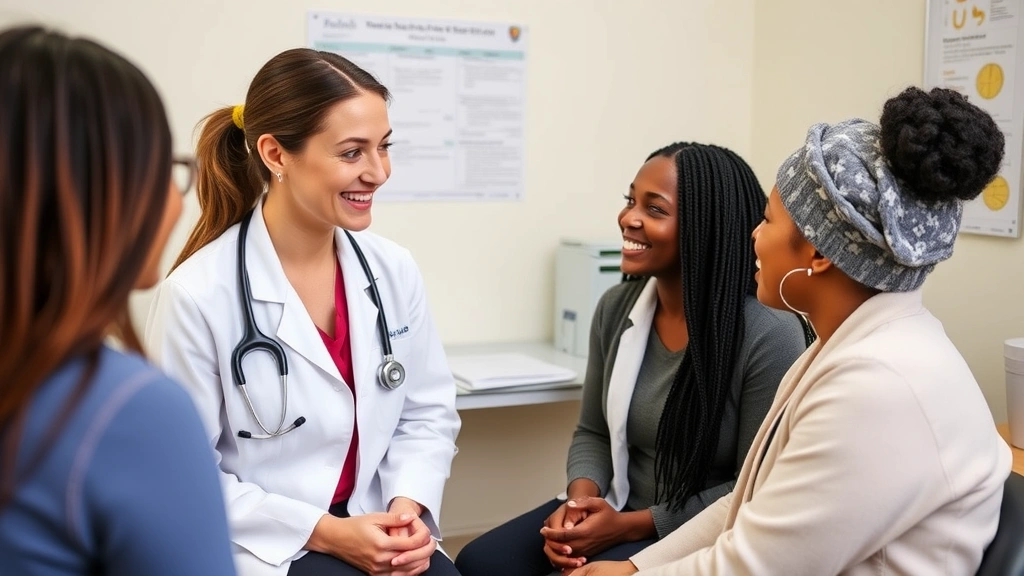 Female healthcare provider in white coat having friendly consultation with patient, warm interaction in exam room, medical charts visible, professional yet compassionate atmosphere, diverse representation