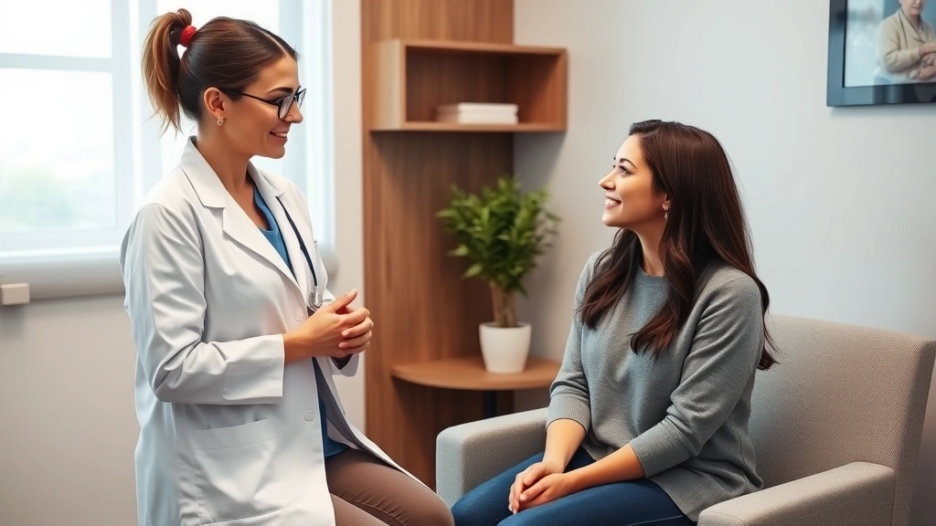 A professional female healthcare provider in white coat having a warm, respectful conversation with a young woman patient in a private examination room, both appearing comfortable and engaged in dialogue