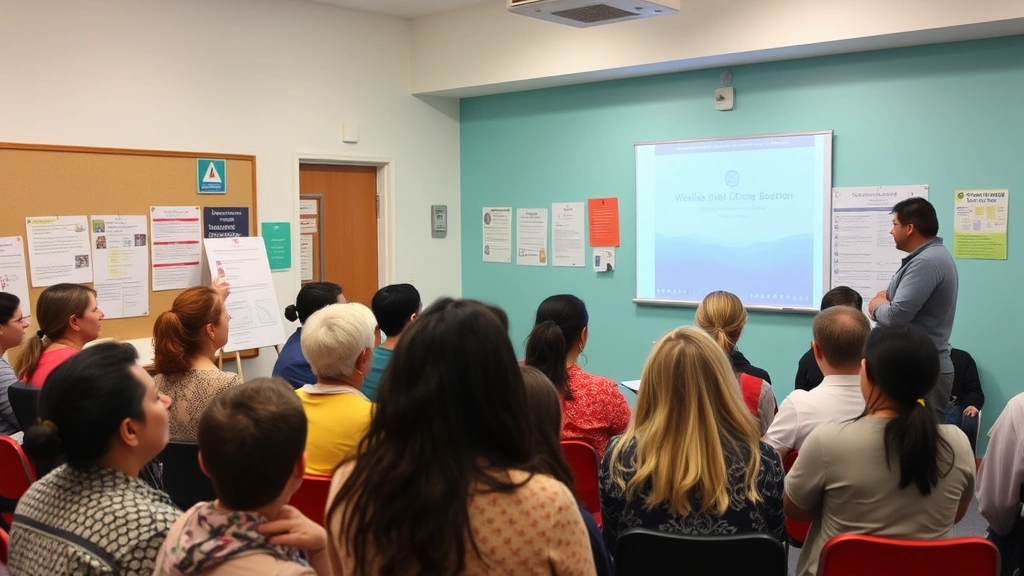 Community health education session with diverse group of people listening to presentation, wellness workshop atmosphere, informational materials displayed, engaged participants, supportive healthcare environment