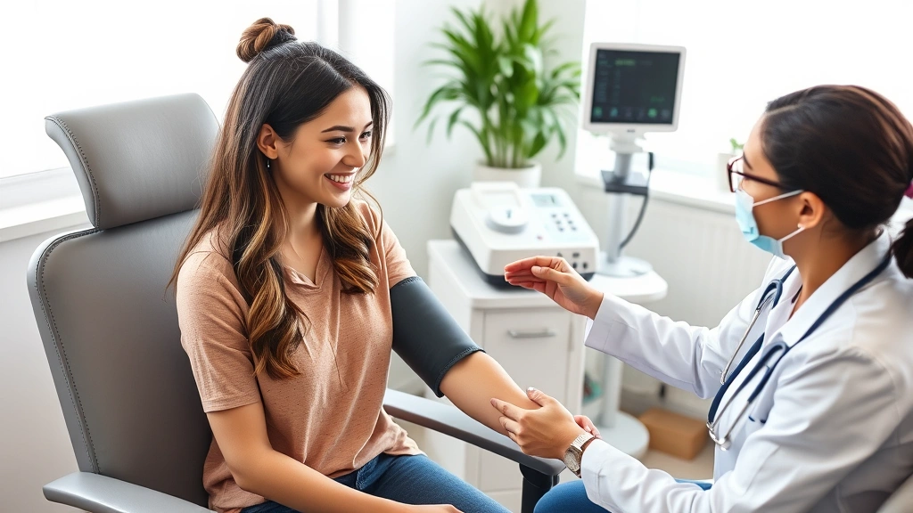 Young woman receiving blood pressure check from nurse, modern medical equipment, patient sitting comfortably in examination room, healthcare professional taking vital signs, bright natural lighting, wellness-focused clinical setting, professional and caring interaction