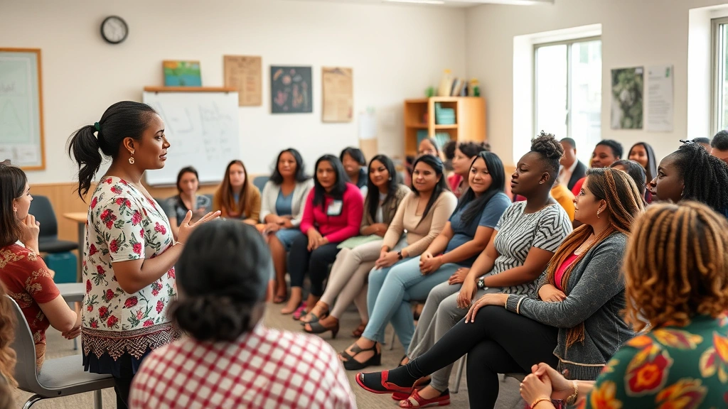 Community health education session with diverse group of people listening to female presenter discussing reproductive health, inclusive audience, bright educational space, wellness focus