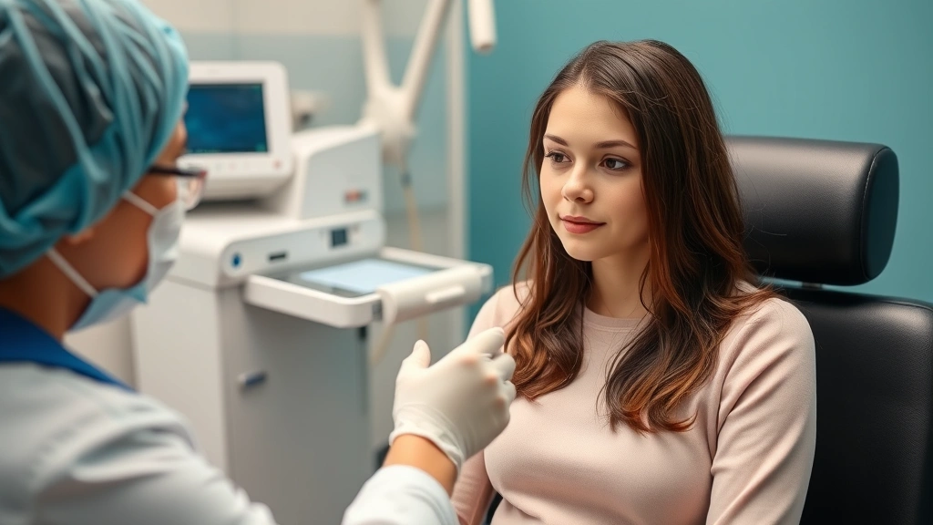 Young woman receiving cervical cancer screening, medical professional performing Pap test, clinical but comfortable setting, focus on patient comfort and dignity, modern medical equipment in background