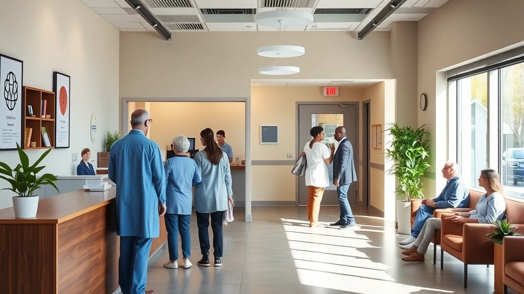 Warm, welcoming family medicine clinic reception area with diverse patients checking in, natural lighting, modern comfort, real people interacting with friendly staff