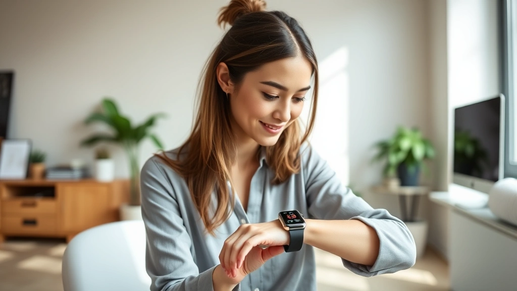 Young professional woman checking smartwatch health metrics while sitting in modern minimalist home office with natural light, relaxed confident expression, wellness tracking displayed