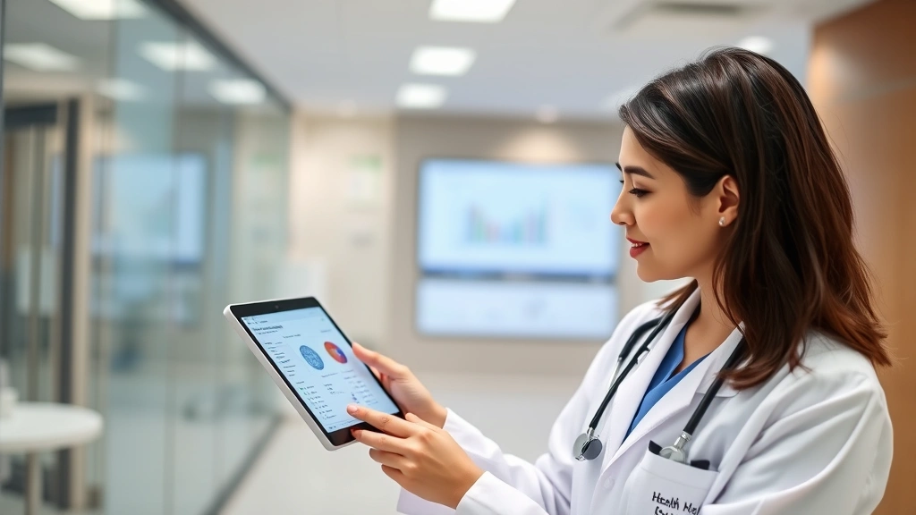 Doctor in white coat reviewing digital health dashboard on tablet with patient data visualizations, modern clinic setting, professional caring demeanor, healthcare technology interface