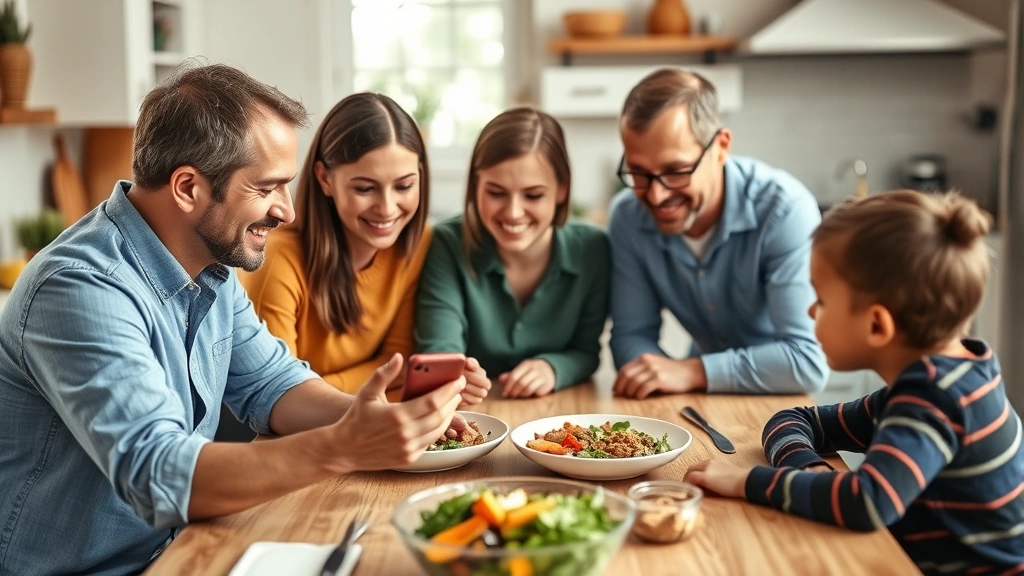 Family gathered around kitchen table reviewing wellness app together on smartphone, healthy meal prep visible, natural lighting, connected health management moment