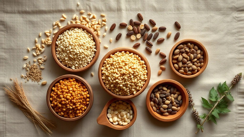 Overhead flatlay of organic prairie grains, legumes, and native seeds arranged in wooden bowls on rustic linen tablecloth, warm natural lighting, earthy tones, minimalist composition