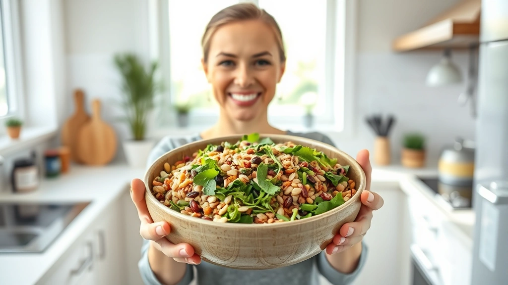 Woman in bright kitchen holding bowl of colorful prairie grain salad with sprouted seeds and greens, natural window light, joyful expression, modern wellness aesthetic