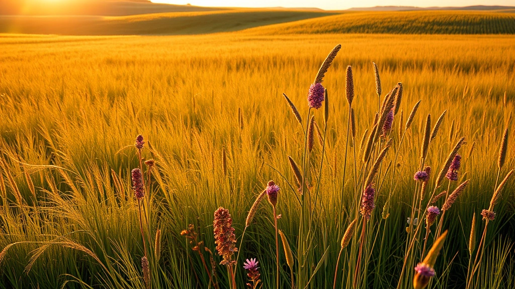 Vast native prairie grassland at golden hour with wild flowers, grasses, and native plants swaying in breeze, rolling landscape, natural prairie ecosystem photography